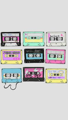 six cassette tapes with the words hip hop written on them in pink, blue, yellow and green