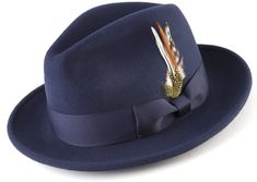 Wool Felt Fedora Pinch Front with Feather Accent in Navy Expensive Suits, Mens Dress Hats, Mens Hats Fashion, Fedora Hat Men, Mens Hat, 5 Star Review, Wool Fedora, Felt Fedora, Uv Sunglasses