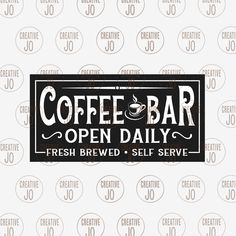 the coffee bar logo is displayed on a white background with black and white lettering that reads,'coffee bar open daily fresh brew self serve '