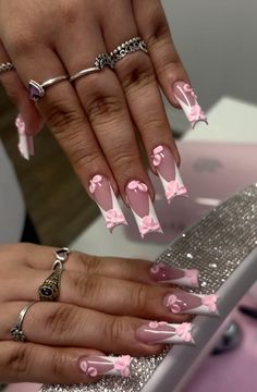 Pink Blinged Out Nails, Birthday Bling Nails, Blinged Out Nails, Uni Nails, Nail Cam, Pink Tip Nails, Nail Goals, Long Square Nails, Acrylic Nail Set