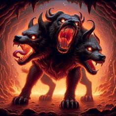 an illustration of two demonic looking animals with their mouths open and glowing red lights in the background