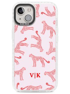 a pink phone case with red leopards on it and the word vik written in red