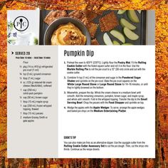 an article about pumpkin dip is shown in the fall leaves with apples and pies