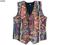 - Men's cotton waistcoat. - The front face is made from colourful printed cotton provided the lining by plain cotton whereas the     back panel is simply made from plain black cotton fabric. - Provided with a metallic buckle at the back panel to make it look more stylish. - 5 button fastening. - 1 inside and 2 front pockets. - Suitable for both formal as well as casual wear. - To find your perfect fit please check our Size Chart. - Handmade in Kathmandu, Nepal. - Hand wash separately in cold wat Fitted Multicolor Cotton Vest, Multicolor Cotton Winter Vest, Black Cotton Festival Vest, Multicolor Cotton Nehru Jacket For Winter, Winter Multicolor Cotton Nehru Jacket, Diy Hippie Clothes, Man Vest, Boho Formal, Mens Formal Vest