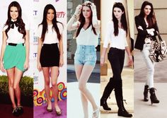 four different pictures of women in short skirts and high heeled boots, all wearing black shoes