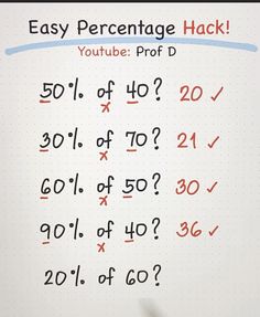 a handwritten note with numbers and words written on it that says easy percentage hack