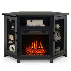 This TV stand fits any corner in your home to avoid space occupation thanks to its space-saving design. In addition to the TV stand making a modern touch to your space, the fireplace serves as a home decoration as well because it can be used with flame and heat or just flame. Clihome 45-in W Black TV Stand with Fan-forced Flat Wall Electric Fireplace with Remote Control Included | CL-DKUS-10169 Modern Corner Tv Stand, Corner Fireplace Tv Stand, Wall Electric Fireplace, Grey Tv Stand, Black Tv Stand, Urban Housing, Corner Tv Stand, Electric Fireplace Insert, Corner Tv