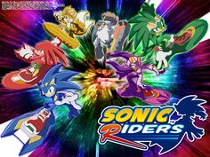 the sonic riders logo surrounded by other cartoon characters