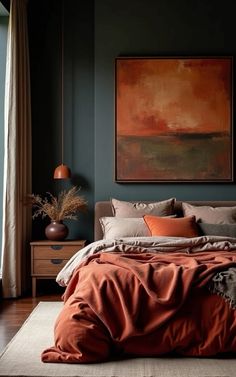 a bedroom with a large painting on the wall above the bed and an orange comforter