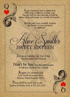 an old style wedding card with the words alice smith's sweet sixteen written on it