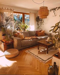 a living room filled with furniture and lots of plants