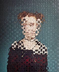 a woman's face is made out of pieces of puzzles and the image appears to have been altered