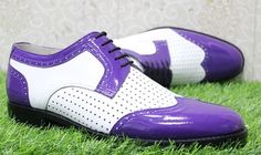 Men's New Handmade Shoes Dual Color Purple & White Leather Lace Up Whole Style Dress & Formal Wear Boots sold by Unique Handmade Leather Shoes on Storenvy White Dress Shoes With Brogue Detailing For Spring, Fitted White Leather Shoes With Brogue Detailing, Fitted White Leather Shoes With Almond Toe, White Fitted Leather Shoes With Almond Toe, White Pointed Toe Leather Shoes For Semi-formal Occasions, White Fitted Leather Shoes For Spring, White Leather Shoes With Round Toe For Party, Summer Wingtip Dress Shoes With Leather Sole, White Round Toe Leather Shoes For Party