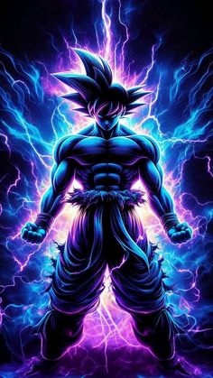 an image of the character gohan from dragon ball zoros in blue and purple lightning