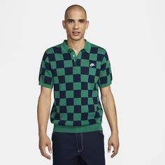 Kick back and relax in this checkered print polo from our Nike Club collection. Made with thick knit fabric for breathable warmth, this polished top features soft ribbing at the collar, cuffs and hem. Change up how you wear it with the 3-button placket and spread collar. Casual Winter Golf Tops, Casual Green Polo Shirt For Streetwear, Casual Green Short Sleeve Polo Sweater, Green Cotton Short Sleeve Polo Sweater, Classic Green Polo Collar Sweater, Casual Nike Cotton Polo Shirt, Casual Nike Golf Tops, Checkered Polo, Sweater Fabric