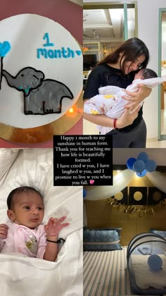 a woman holding a baby in her arms and an elephant cake with the words 1 month on it