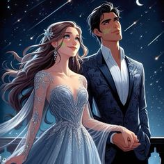 a man and woman standing next to each other in front of the night sky with stars