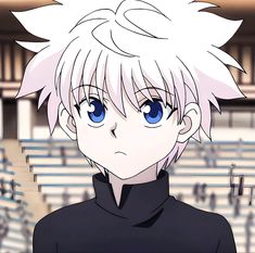 an anime character with white hair and blue eyes in front of a stadium bleachers