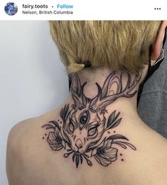 a woman with a deer tattoo on her neck and behind her head is a flower