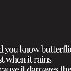 a black and white photo with the words, i heard you know butterflies are just when it rains because they cause it damage their wings