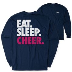 Show off your love for cheerleading with our exclusive Back Design Long Sleeve Shirts. These stylish shirts feature our exclusive "Eat. Sleep. Cheer" design on the back, allowing you to express your passion for the sport in a fashionable way. Meticulously crafted with sharp attention to detail, each shirt boasts a cheerleading design that is sure to turn heads. Whether you're a dedicated fan, an avid player, or simply admire the spirit of  cheerleading, this shirt is the perfect choice to make a Cheer Long Sleeve Shirts, Long Sleeve Graphic Print Tops For Cheerleading, Casual Long Sleeve T-shirt For Cheerleading, White Screen Print T-shirt For Cheerleading, Short Sleeve Cheerleading T-shirt With Screen Print, Cheerleading Tshirts, Stylish Shirts, Cheerleading, Long Sleeve Tees