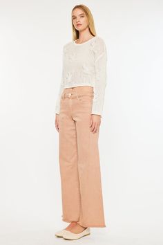 Step out of your comfort zone and give our Mariluu High Rise wide leg jeans a chance. In a beautiful Coral color, made to turn heads. With a frayed hem, twisted side seams, cut seams at waistband and under waistband. Featuring a classic 5-pocket style with a single button closure and a zipper fly. 10" Rise / 31" Inseam (In Size 5/26) 55% Cotton, 30% poly, 13% Rayon, 2% Spandex Coral Style #: KC78028CR Stretchiness Level >Coral Color SIZE WAIST HIP 1/24 27.5" 37" 3/25 28.5" 38" 5/26 29.5" 39" 7/2 Petite Curvy, High Rise Wide Leg Jeans, Out Of Your Comfort Zone, Fitted Joggers, Outwear Jackets, Romper Pants, Coral Color, Dress Romper, Comfort Zone