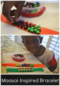 two pictures showing the process of making beaded bracelets for children to play with