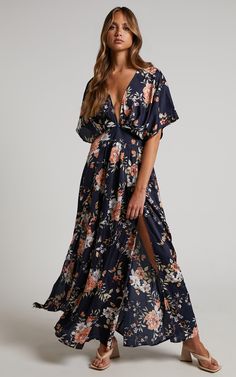 Vacay Ready Maxi Dress in Navy Multi Floral | Showpo USA Navy V-neck Vacation Dress, Navy V-neck Dress For Brunch, Navy V-neck Spring Dress, Navy V-neck Dress For Spring, Navy V-neck Maxi Dress For Spring, Navy Maxi Dress For Beach In Spring, Navy Floral Print Summer Dress, Thigh Split Dress, Split Dress Thigh