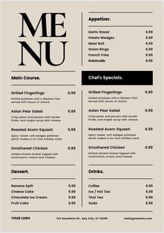 a menu for a restaurant with black and white lettering