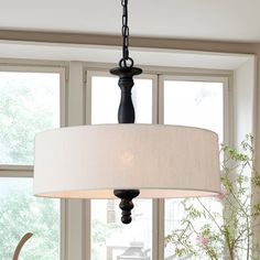 a chandelier hanging from the ceiling in a living room with large windows and potted plants