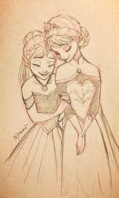 a drawing of two girls hugging each other