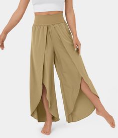 Women's Breezeful™ High Waisted Back Waistband Pocket Palazzo Flowy Split Wide Leg Quick Dry Casual Pants. Machine wash cold. Do not dry clean. Do not iron. Do not bleach. Wash with like colors. Turn garment inside out. Difficult Yoga Poses, Split Yoga, Yoga Trousers, Pantalon Large, Outfit Casual, Hip Length, Wide Leg Trousers, Cropped Pants, Yoga Pants