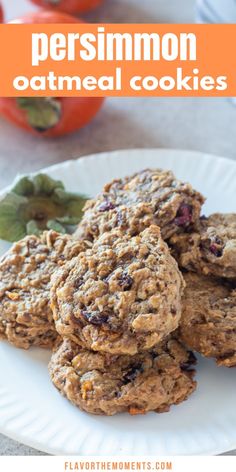 three oatmeal cookies on a plate with the words persimmon over it