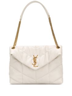 cream white leather signature YSL logo plaque leather and chain-link shoulder strap chevron quilting foldover top with magnetic fastening main compartment internal zip-fastening pocket internal logo patch Loulou Puffer, Beige Puffer, Plaque Design, Stylish Logo, Classic Handbags, Crossbody Clutch, Saint Laurent Bag, Medium Bags, White Bag