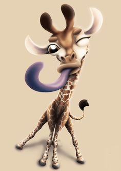 a cartoon giraffe is holding an object in its mouth