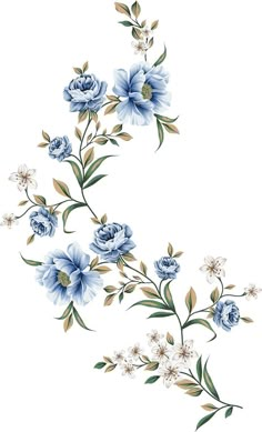 blue flowers with green leaves on white background