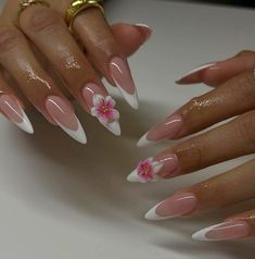 Nails, pink, nail inspo, denim , orchids , 3D flower nails , pink nails , almond , gold nails , pink nail aesthetic , nail tech Paznokcie Hello Kitty, Orchid Nails, Glitter Rosa, Easy Nails, Almond Nails Designs, Makijaż Smokey Eye