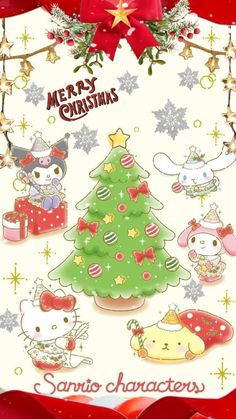 a christmas card with cartoon animals around a tree and presents on the bottom right hand corner