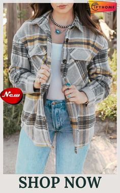 Gray Plaid Print Pocketed Shirt Jacket Fall Outdoor Button-up Shacket, Long Sleeve Shacket For Outdoor Fall Activities, Outdoor Long Sleeve Shacket For Fall, Fall Outdoor Long Sleeve Shacket, Collared Shacket For Fall Outdoor, Collared Shacket For Outdoor Fall Wear, Collared Shacket For Outdoor Fall Activities, Gray Outerwear With Snap Buttons For Fall, Fall Outdoor Top With Snap Buttons