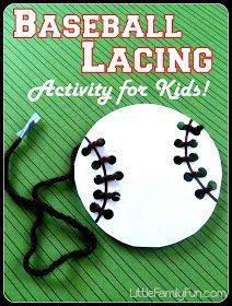 a paper baseball sitting on top of a green surface with the words baseball lacing activity for kids