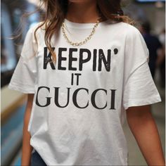 Basic Tee White Letter Print Top For Day Out, Chic Cotton Tops With Text Print, Chic Text Print Tops For Spring, Chic Cotton Tops With Letter Print, Chic Cotton Top With Letter Print, Chic Spring Tops With Letter Print, Chic Spring Top With Letter Print, Spring Chic Top With Letter Print, Gucci Graphic