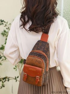 Brown Rectangular Chest Bag, Brown Shoulder Bag With Letter Print, Brown Shoulder Bag With Letter Print For Travel, Crossbody Shoulder Bag With Letter Print For Travel, Brown Letter Print Shoulder Bag, Trendy Brown Chest Bag With Single Shoulder Strap, Mini Sling Bag, Classic Crossbody Bag, Novelty Bags