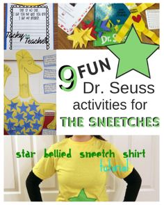 an image of the back of a shirt with text that reads, 9 fun dr seuss activities for the sneetches