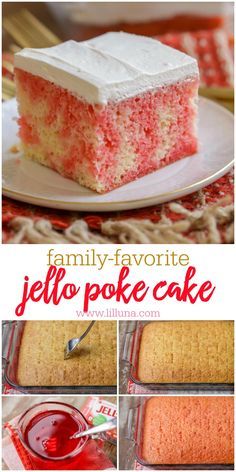 a collage of pictures showing different types of cake and the words family - favorite jello poke cake