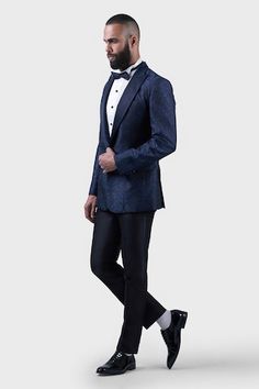 Blue and black tuxedo with floret embroidery and beaded embellishments. - Aza Fashions Luxury Sets For Black-tie Festive Events, Luxury Festive Sets For Black-tie Events, Luxury Blue Suits For Black-tie Events, Luxury Blue Suits For Festive Occasions, Festive Tailored Tuxedo For Black-tie Events, Luxury Blue Suits For Festive Season, Elegant Blue Tuxedo For Festive Occasions, Designer Custom Fit Tuxedo, Designer Tailored Tuxedo For Groom