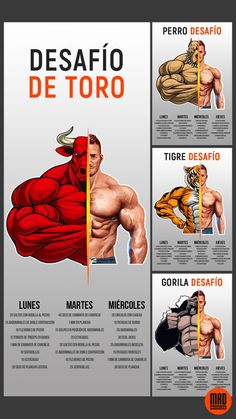 the bodybuilding challenge poster is shown in three different colors, including red and yellow