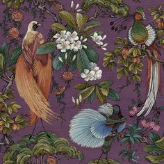 a purple background with birds and flowers on it