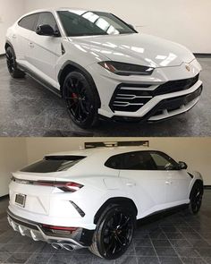 the before and after shots of a white lamb suv in a showroom with black rims