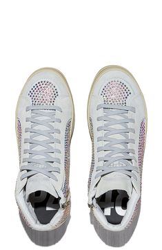 Rows of sparkling rhinestones add dazzling style to a high-top sneaker fashioned with a side zipper and stamped with subtle branding on the tongue. Lace-up style; side zip closure Removable insole Leather upper/recycled textile and synthetic lining/rubber sole Made in Italy Sporty High-top Sneakers With Rhinestones, High-top Rhinestone Sneakers For Streetwear, Silver High-top Sneakers With Rhinestones, Embellished High-top Sneakers For Streetwear, Silver High-top Sneakers With Bling, High-top Bling Sneakers For Streetwear, The Tongue, High Top Sneaker, Up Styles