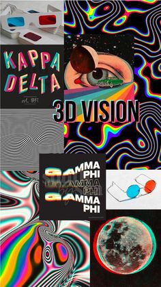 an advertisement for the 3d vision festival with different colors and patterns on it, including black background